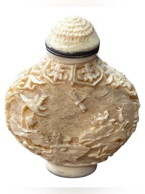 Vintage Cream Asian Snuff Bottle Resin 3” Tall Embossed Marking Collectible